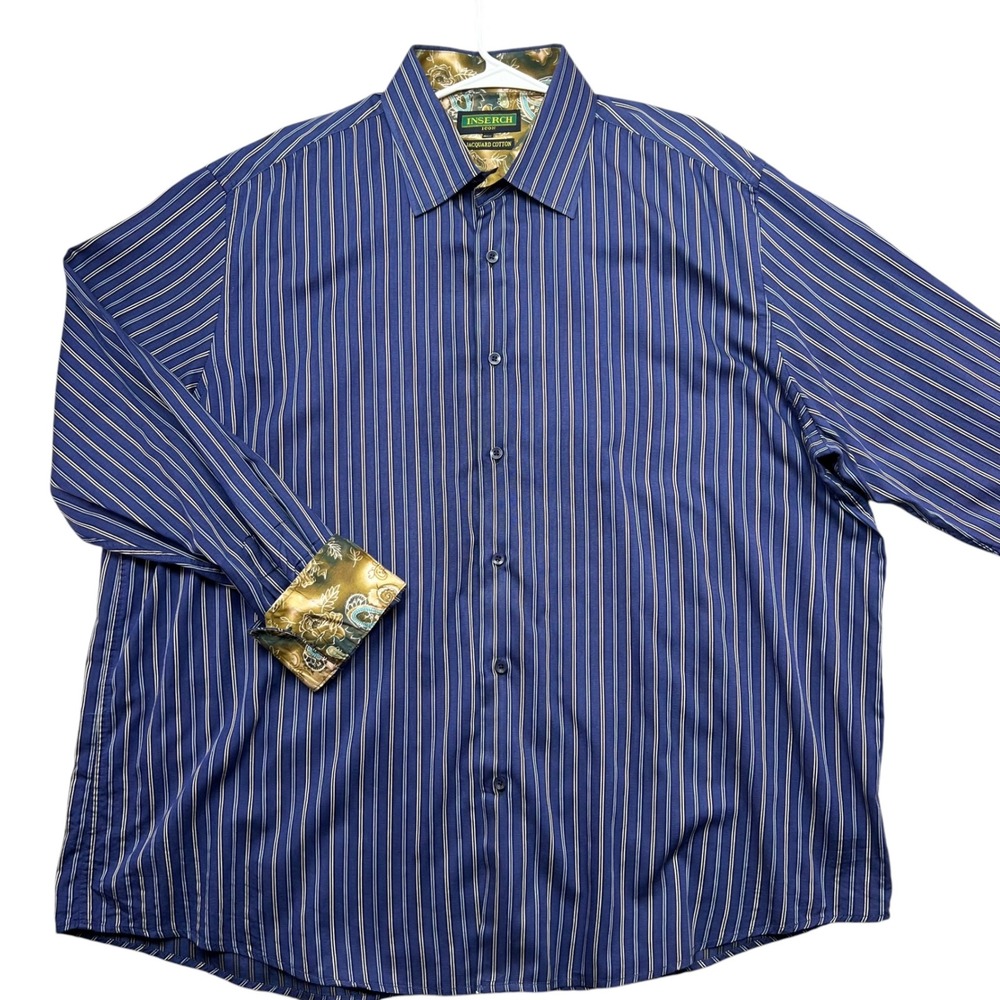 Inserch Icon Button Down Shirt Mens 3XL Blue Striped Jacquard Paisley Trim